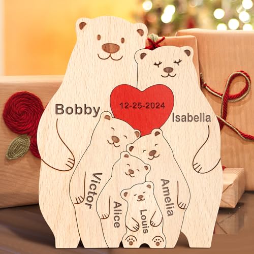 Personalisiertes Holzkunstpuzzle der Bärenfamilie mit 1-8 Namen,Holz Bär Tier Skulpturen Desktop Ornament Heim Büro Tischdekoration Ideen Geschenk für Weihnachts Jubiläum Muttervatertag Geburtstag von Yolnkos