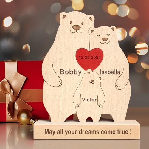 Personalisiertes Holzkunstpuzzle der Bärenfamilie mit 1-8 Namen,Holz Bär Tier Skulpturen Desktop Ornament Heim Büro Tischdekoration Ideen Geschenk für Weihnachts Jubiläum Muttervatertag Geburtstag von Yolnkos