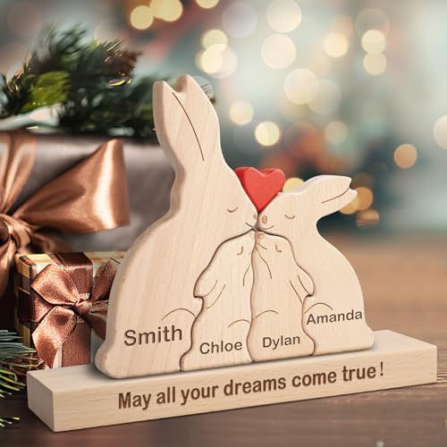 Personalisiertes Holzkunstpuzzle der Kaninchen Familie mit 1-8 Namen,Holz Tier Skulpturen Desktop Ornament Heim Büro Tischdekoration Ideen Geschenk für Weihnachts Jubiläum Muttervatertag Geburtstag von Yolnkos