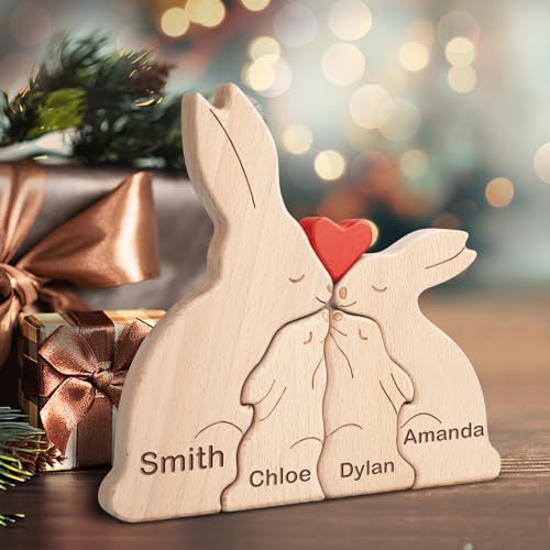 Personalisiertes Holzkunstpuzzle der Kaninchen Familie mit 1-8 Namen,Holz Tier Skulpturen Desktop Ornament Heim Büro Tischdekoration Ideen Geschenk für Weihnachts Jubiläum Muttervatertag Geburtstag von Yolnkos