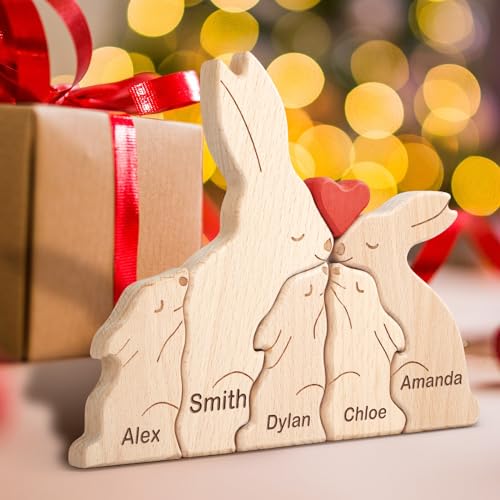 Personalisiertes Holzkunstpuzzle der Kaninchen Familie mit 1-8 Namen,Holz Tier Skulpturen Desktop Ornament Heim Büro Tischdekoration Ideen Geschenk für Weihnachts Jubiläum Muttervatertag Geburtstag von Yolnkos