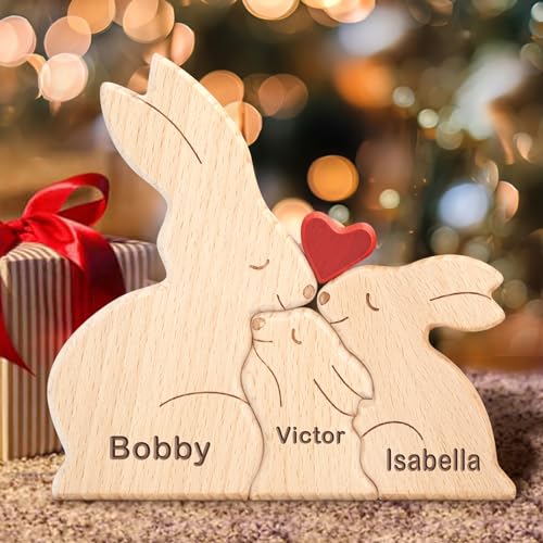 Personalisiertes Holzkunstpuzzle der Kaninchen Familie mit 1-8 Namen,Holz Tier Skulpturen Desktop Ornament Heim Büro Tischdekoration Ideen Geschenk für Weihnachts Jubiläum Muttervatertag Geburtstag von Yolnkos