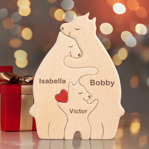 Yolnkos Personalisiertes Holzkunstpuzzle der Bärenfamilie mit 1-8 Namen We are One Holz Bär Tier Skulpturen Desktop Ornament Heim Büro Tischdekoration Ideen Geschenk für Weihnachts Jubiläum Geburtstag von Yolnkos