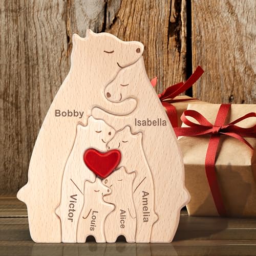 Yolnkos Personalisiertes Holzkunstpuzzle der Bärenfamilie mit 1-8 Namen We are One Holz Bär Tier Skulpturen Desktop Ornament Heim Büro Tischdekoration Ideen Geschenk für Weihnachts Jubiläum Geburtstag von Yolnkos