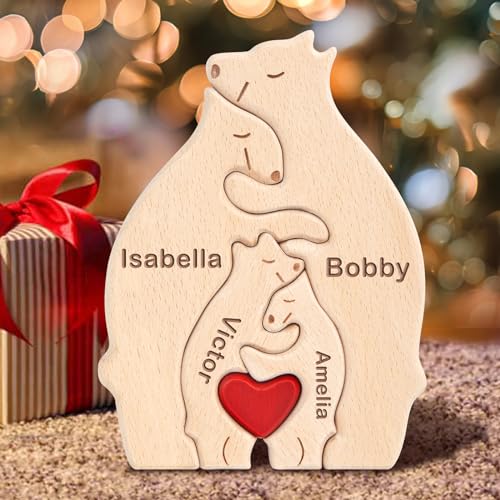 Yolnkos Personalisiertes Holzkunstpuzzle der Bärenfamilie mit 1-8 Namen We are One Holz Bär Tier Skulpturen Desktop Ornament Heim Büro Tischdekoration Ideen Geschenk für Weihnachts Jubiläum Geburtstag von Yolnkos