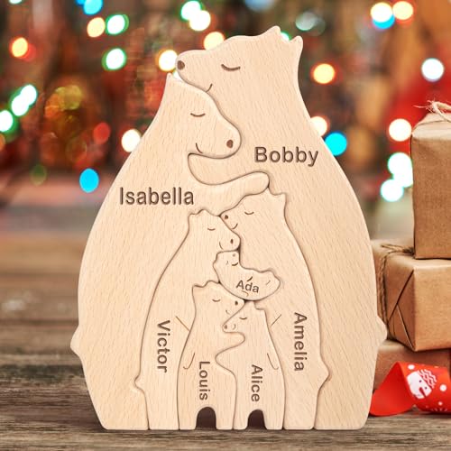 Yolnkos Personalisiertes Holzkunstpuzzle der Bärenfamilie mit 1-8 Namen We are One Holz Bär Tier Skulpturen Desktop Ornament Heim Büro Tischdekoration Ideen Geschenk für Weihnachts Jubiläum Geburtstag von Yolnkos