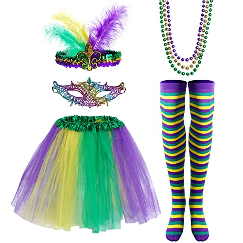 7-teiliges Kostümzubehör-Set mit Tutu-Rock, Kunstfeder-Halbmaske, Mardi Gras Perlen, lange Socken für Damen und Mädchen von Yolyoo