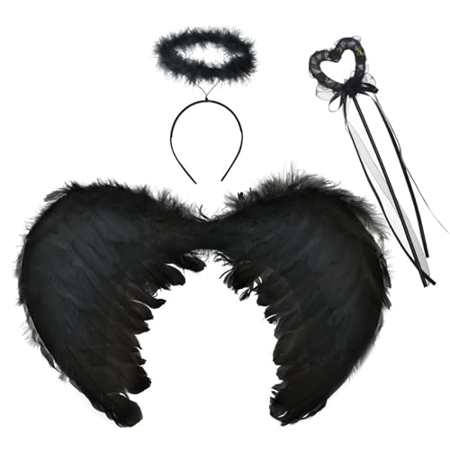 Engelsflügel Angel Wings Enge Kostüm Engelsflügel Deko mit Heiligenschein und Zauberstab Damen Party Kostüme Deko (Schwarz) von Yolyoo