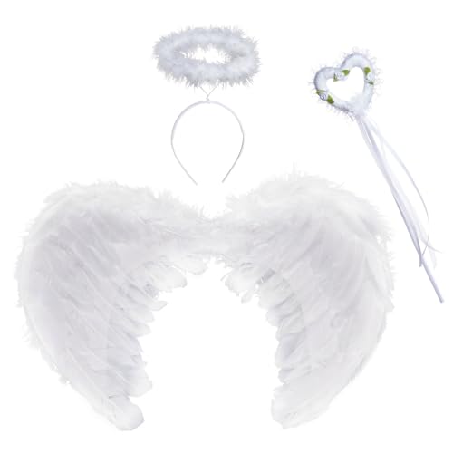 Engelsflügel Angel Wings Enge Kostüm Engelsflügel Deko mit Heiligenschein und Zauberstab Damen Party Kostüme Deko (Weiß) von Yolyoo