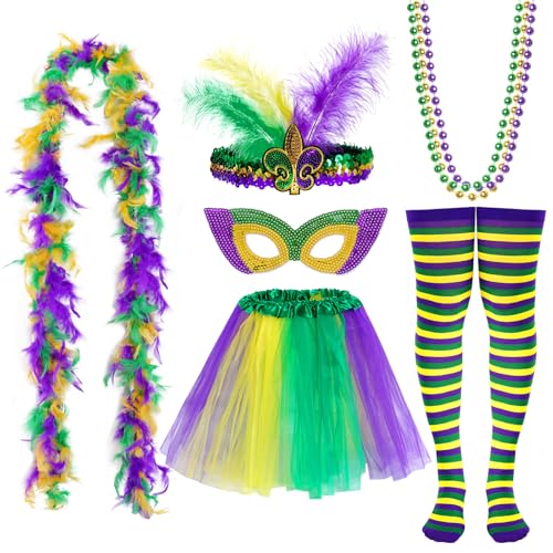 Karnevalskostüm-Zubehör-Set, Tutu-Rock, Kunstfeder-Stirnband, Maske, Mardi Gras Perlen, Federboa, Socken für Damen, silber, standard Karnevalskostüm-Zubehör-Set, Tutu-Rock, Kunstfeder-Stirnband, Maske, Mardi Gras Perlen, Federboa, Socken für Damen, silber, standard von Yolyoo