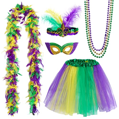 Mardi Gras Kostüm Zubehör Set Tutu Rock Kunstfeder Stirnband Maske Karneval Perlen Federboa für Frauen und Mädchen von Yolyoo