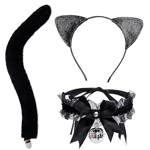 Schwarzes Katzenohren-Stirnband und -schwanz, Lederglockenhalsband-Set für Erwachsene, Frauen, Mädchen, Halloween, Cosplay, Partyzubehör Schwarzes Katzenohren-Stirnband und -schwanz, Lederglockenhalsband-Set für Erwachsene, Frauen, Mädchen, Halloween, Cosplay, Partyzubehör von Yolyoo