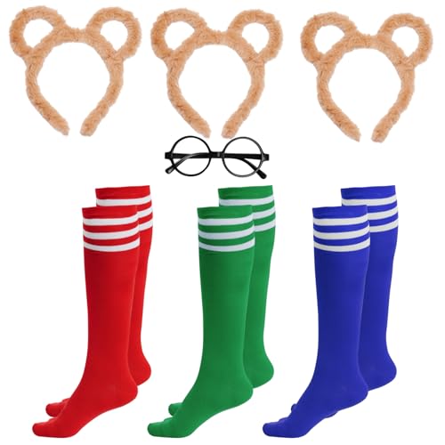 Yolyoo 7 Stück Streifenhörnchen Kostüme Set 3 Stück Streifenhörnchen Ohren Stirnband 3 Schwarze Runde Rahmen Gläser und 3-Paar Knie-hohe Socken für Teens Erwachsene Halloween Party Kostüm von Yolyoo