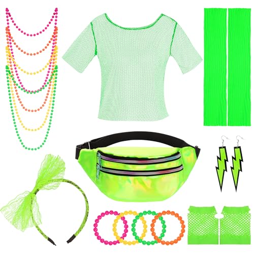 Yolyoo 80er Jahre Outfit Damen Netzoberteil Accessoire 80er Netzshirt Haarreif Halskette Ohrringe, Armbänder, Laserbeutel Netzhandschuhe Beinstulpen Halloween Karneval Cosplay Party Kostüm (Grün) von Yolyoo