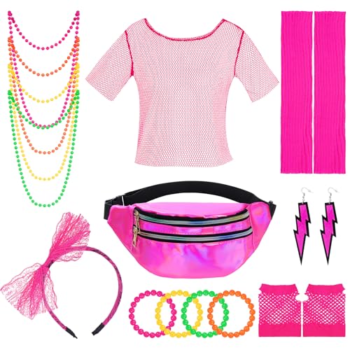 Yolyoo 80er Jahre Outfit Damen Netzoberteil Accessoire 80er Netzshirt Haarreif Halskette Ohrringe, Armbänder, Laserbeutel Netzhandschuhe Beinstulpen Halloween Karneval Cosplay Party Kostüm (Rosa) von Yolyoo