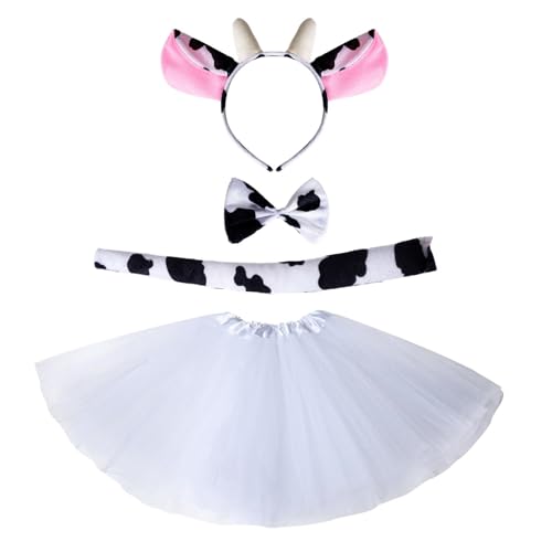 Yolyoo Kuh Kosten Set Milch Kuh Tier Kosten Stirnband mit Fliege Schwanz Tüllrock Tierkostüm für Halloween Karneval Fasching Party Cosplay (Weiß Kuh Kosten) von Yolyoo