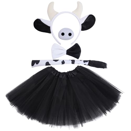 Yolyoo Kuh Kosten Set Milch Kuh Tier Kosten Stirnband mit Fliege Schwanz Tüllrock Tierkostüm für Halloween Karneval Fasching Party Cosplay (Schwarz Kuh Kosten) von Yolyoo