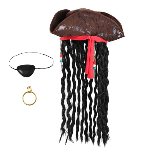 Yolyoo Pirate Hut mit Dreadlocks Leder Dreicorn Piraten Mütze Pirate Kapitän Hut Kostüm Zubehör Eye Patch Ohrring für Karneval Halloween Cosplay Party von Yolyoo