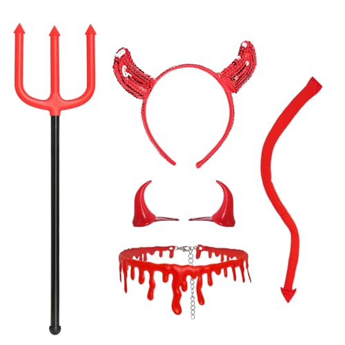 Yolyoo Teufelshörner Set Teufel Kostüm Damen Teufelsohren Strinband mit rote Blut Halskette, Haarspange,1-teiliger SchwanzSchwanz Teufelgabel Halloween Party Zubehör für Damen Karneval Cosplay von Yolyoo