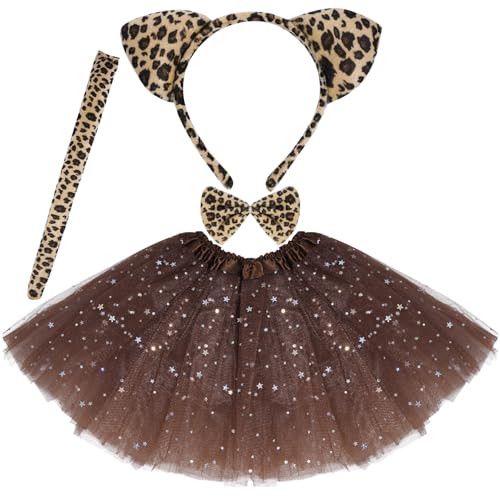 Yolyoo Tier Kosten Stirnband mit Fliege Schwanz Tüllrock Tierkostüm für Halloween Karneval Fasching Party Cosplay (Leopard Kostüm) von Yolyoo