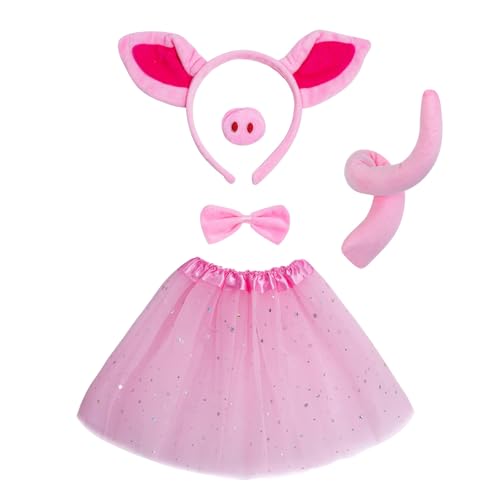 Yolyoo Schwein Kostüm Set Tier Kosten Stirnband mit Fliege Schwanz Tüllrock Tierkostüm Schwanz & Schweinenase Ohren für Halloween Karneval Fasching Party Cosplay (Rosa Schwein Kostüm) von Yolyoo