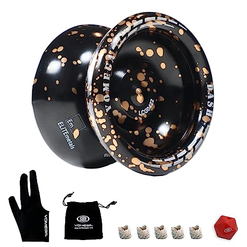 Yomega Dash Yoyo - Pro Aluminum Metal Unresponsive Yoyo with C Size Ball Bearing for Advanced yo yo Tricks + Extra 5 Strings + Glove + Bag + Die & 3 Month Warranty (Black Gold) von Yomega