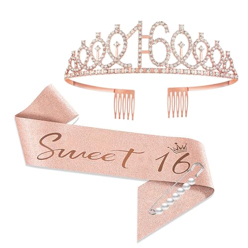 YongHang 16 Geburtstag mädchen Deko Sweet 16 Schärpe und Tiara Rose Gold 16. Geburtstag Geschenke Krone für Birthday Girl Party Dekorationen Geschenke für 16-jährige mädchen von YongHang