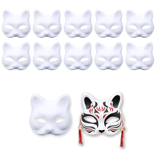 YongSral 10 Stück Therian Mask, Fuchs Maske, Katzenmasken Zum Anmalen, Cat Maske, Überstreichbare Papiermasken, Katzenmaske Masken Zum Bemalen Kinder, Katzen Masken für Karneval Cosplay Maskenball (A) von YongSral