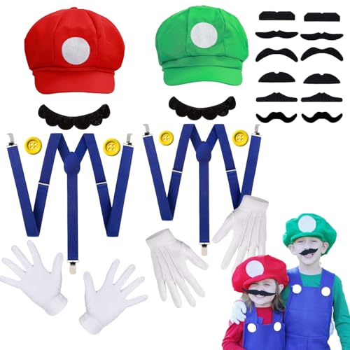 YongSral 2 PCS Mario Luigi Kostüm Accessories, Mario Und Luigi Kostüm mit Hut, Bart, Knöpfen, Handschuhen, Mario und Luigi Mütze, Mario and Luigi Costume, Geeignet für Herren, Frauen, Jungen, Mädchen von YongSral