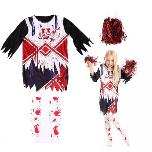 YongSral Zombie Cheerleader Kostüm Mädchen, Halloween Kostüm Mädchen Zombie mit Strümpfen e Pompoms, Zombie Cheerleader Kostüm Kinder, Horror Cheerleader Kostüm für Karneval, Cosplay (L) von YongSral