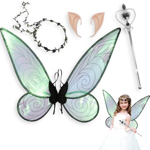 YongSral Feenflügel Kinder, 4 Stück Schmetterling Kostüm Kinder, Fairy Wings mit Elfenohren, Zauberstab und Haarreifen, Schmetterlingsflügel Kinder, Fairy Costume für Karneval und Cosplay (Schwarz) von YongSral