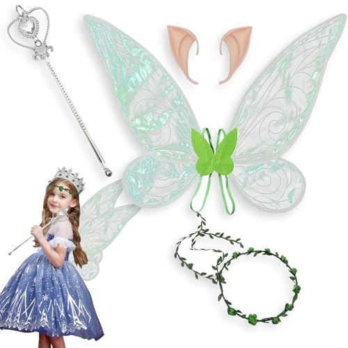 YongSral Feenflügel Kinder, 4 Stück Schmetterling Kostüm Kinder, Fairy Wings mit Elfenohren, Zauberstab und Haarreifen, Schmetterlingsflügel Kinder, Fairy Costume für Karneval und Cosplay (Grün) von YongSral