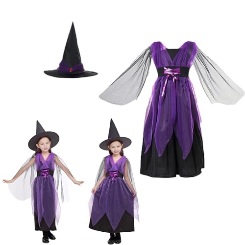 YongSral Hexenkostüm Mädchen, Halloween Hexenkostüm Kinder, Kostüm Hexe Mädchen, Hexe Kostüm Kinder Mädchen, Witch Costume Girl, Hexenkostüm für Karneval Halloween Fasching Cosplay Party (L(120)) von YongSral