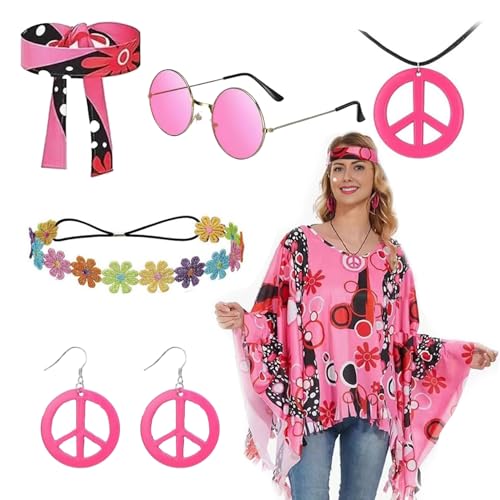 YongSral Hippie Kostüm Damen Set, Hippie Kostüm Damen Kleid, Hippie Kleidung Damen, Kostüm Hippie Frau, Faschingskostüme Hippie Damen, Hippie Kleider Damen, Geeignet Cosplay Party, Karneval von YongSral