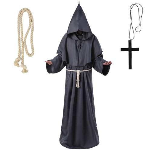 YongSral Mönch Robe Kostüm, Mönch Kostüm Herren mit Taillenkordel und Kreuzanhänger, Priester Kostüm Herren, Halloween Kostüm Herren, Mönchskostüm Herren für Mottoparty, Halloween, Karneval (XXL) von YongSral