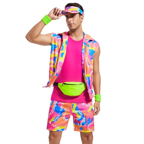 Yonroik 5 Stück 80er Jahre Workout Kostüm für Herren Halloween Cosplay 80er 90er Jahre Workout Outfit Party Kleidung für Erwachsene Herren, Pink, 3XL von Yonroik