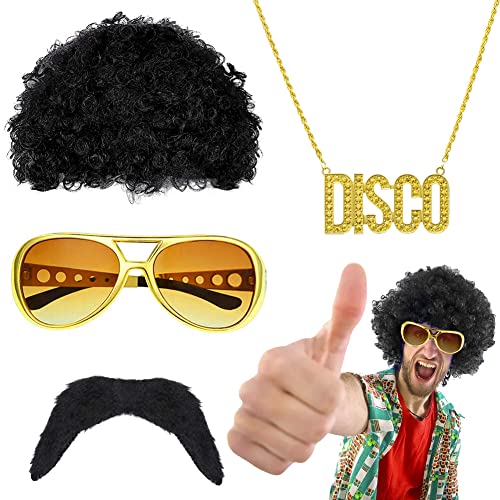 4 Stück Hippie Kostüm Perücke Zubehör,70er 80er Jahre Verkleidung Hippie Outfit,Hippie Schwarz Peruecke Herren,Disco Hip Pop Sonnenbrille Halskette Schnurrbart Zubehör für Männer Fasching Karneval von Yontree