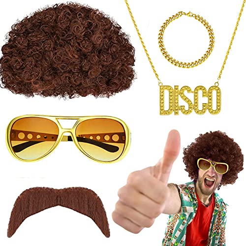 5 Stück Hippie Kostüm Perücke Zubehör,70er 80er Jahre Verkleidung Hippie Outfit,Hippie Braun Peruecke Herren,Disco Hip Pop Sonnenbrille Halskette Schnurrbart Zubehör für Männer Fasching Karneval von Yontree