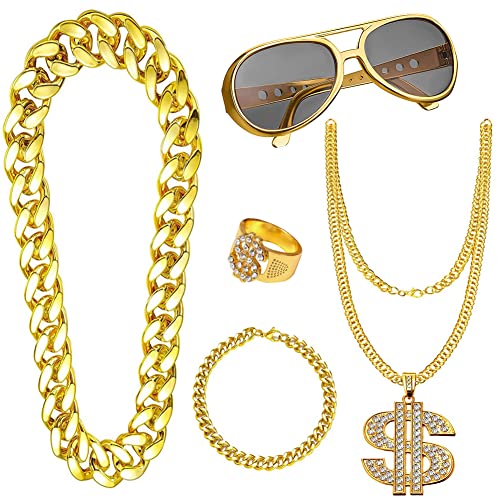 Hip Hop Kostüm Kit, 80s/90er Jahre Hip Hop Verkleidung Zubehör für Kinder Erwachsene, Fake Gold Kette/Armband, Fake Dollar Zeichen Halskette, Hip Hop Ring, Hippie Brille für Hippie Rapper Disco Outfit von Yontree