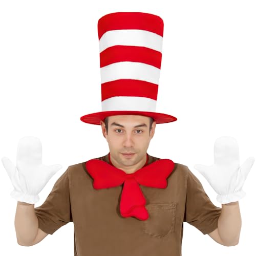 Yonuaret Katzen Zylinderhut - Rot-Weiß Gestreifter Hut Fliege Handschuhe Cosplay | Rollenspiel Accessoires Mit Handschuhen Und Fliege Für Halloween Und Buch Events Yonuaret Katzen Zylinderhut - Rot-Weiß Gestreifter Hut Fliege Handschuhe Cosplay | Rollenspiel Accessoires Mit Handschuhen Und Fliege Für Halloween Und Buch Events von Yonuaret