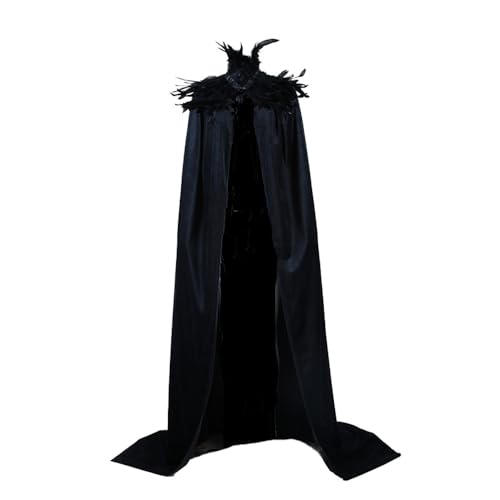 Yoodeet Unisex Gothic Black Witch Velvet Cape Feather Stand Collar Cloak Women Costume Robes Party Costume Extra Long Cape for Men von Yoodeet