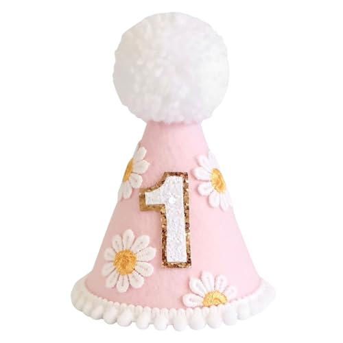 Yoolhamy 1. Geburtstag Hut für Baby Mädchen Jungen, Boho Erster Geburtstag Hut, Handgemachte One Birthday Crown Conical Cap Dekorationen (daisy pink) von Yoolhamy