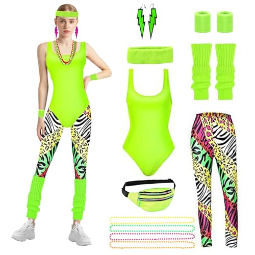 80er 90er Jahre Outfit Damen,Mottoparty 80s 90s Karneval Kostüm Damen Accessoires,Workout Aerobic Outfit 80er Damen Kleidung,Retro Neon Party Outfit Damen Set,Kostüm Fasching Damen für Karneval Grün von Yootiko