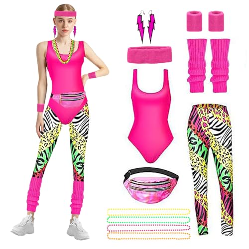 80er 90er Jahre Outfit Damen，Retro Neon Kostüm Outfit Accessoires，Top Leggings Stirnband Handschlaufe Beinschutz Bauchtasche Tasche Ohrringe Halskette Set für Karneval Mottoparty Neon Kleidung Rosa von Yootiko