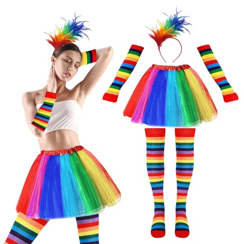 Yootiko 4er Regenbogen Tüllrock Damen,Karneval Kostüm Damen,Tütü Damen,Bunte Feder Stirnband,Tüllrock Bunt Clown Kostüm Damen,Regenbogen Kniestrümpfe,Fingerlose Handschuhe für Fasching Mottoparty von Yootiko