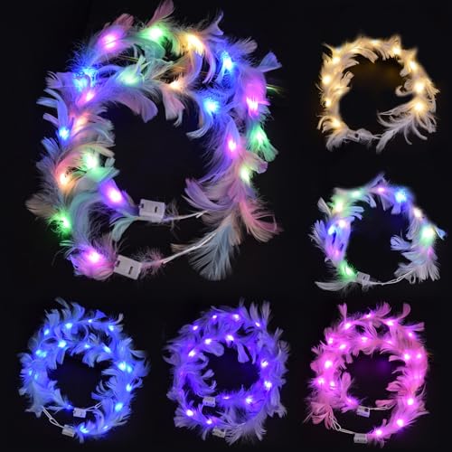 Yootiko 10pcs Led Feder Stirnband,Led Haarreif,Blumenkranz Haare Leuchtend,Lichterkette Mit Federn,Leuchtender Kopfschmuck für Damen Kinder Weihnachten Halloween Karneval Party Hochzeit Haarschmuck von Yootiko