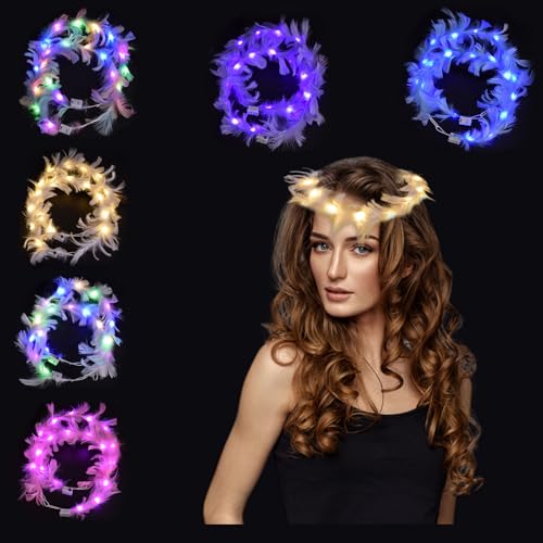 Yootiko 12pcs Led Feder Stirnband,Led Haarreif,Blumenkranz Haare Leuchtend,Lichterkette Mit Federn,Leuchtender Kopfschmuck für Damen Kinder Weihnachten Halloween Karneval Party Hochzeit Haarschmuck von Yootiko