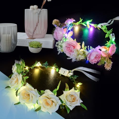 Yootiko 2pcs Led Blumenkranz Haare Leuchtend,Led Festival Haarschmuck Haarreif,Hair Glow Neon Party Accessoires,Kopfschmuck Stirnband Mit Licht für Damen Kinder Weihnachten Halloween Karneval Hochzeit von Yootiko