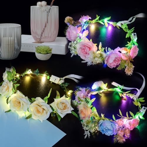 Yootiko 3pcs Led Blumenkranz Haare Leuchtend,Led Festival Haarschmuck Haarreif,Hair Glow Neon Party Accessoires,Kopfschmuck Stirnband Mit Licht für Damen Kinder Weihnachten Halloween Karneval Hochzeit von Yootiko