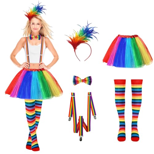 Yootiko 4er Regenbogen Tüllrock Damen,Karneval Kostüm Damen mit Tütü Damen,Bunte Feder Stirnband Tüllrock Bunt Clown Kostüm Damen Regenbogen Kniestrümpfe Fingerlose Handschuhe für Fasching Mottoparty von Yootiko